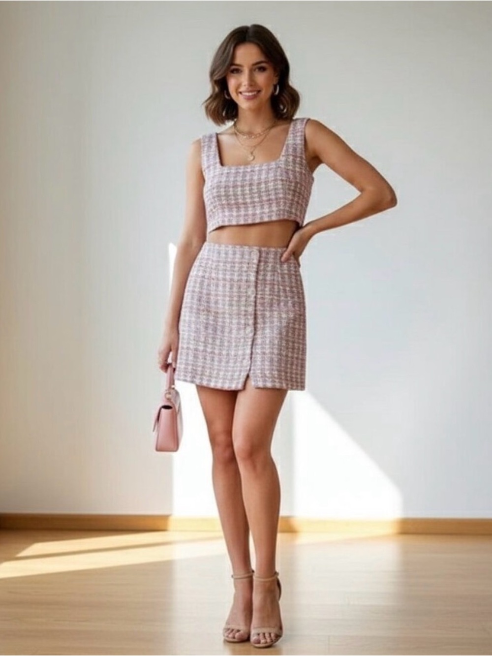 NEW House of Harlow 1960 Two-Piece Pink & White Tweed Crop Top & Mini Skirt Set